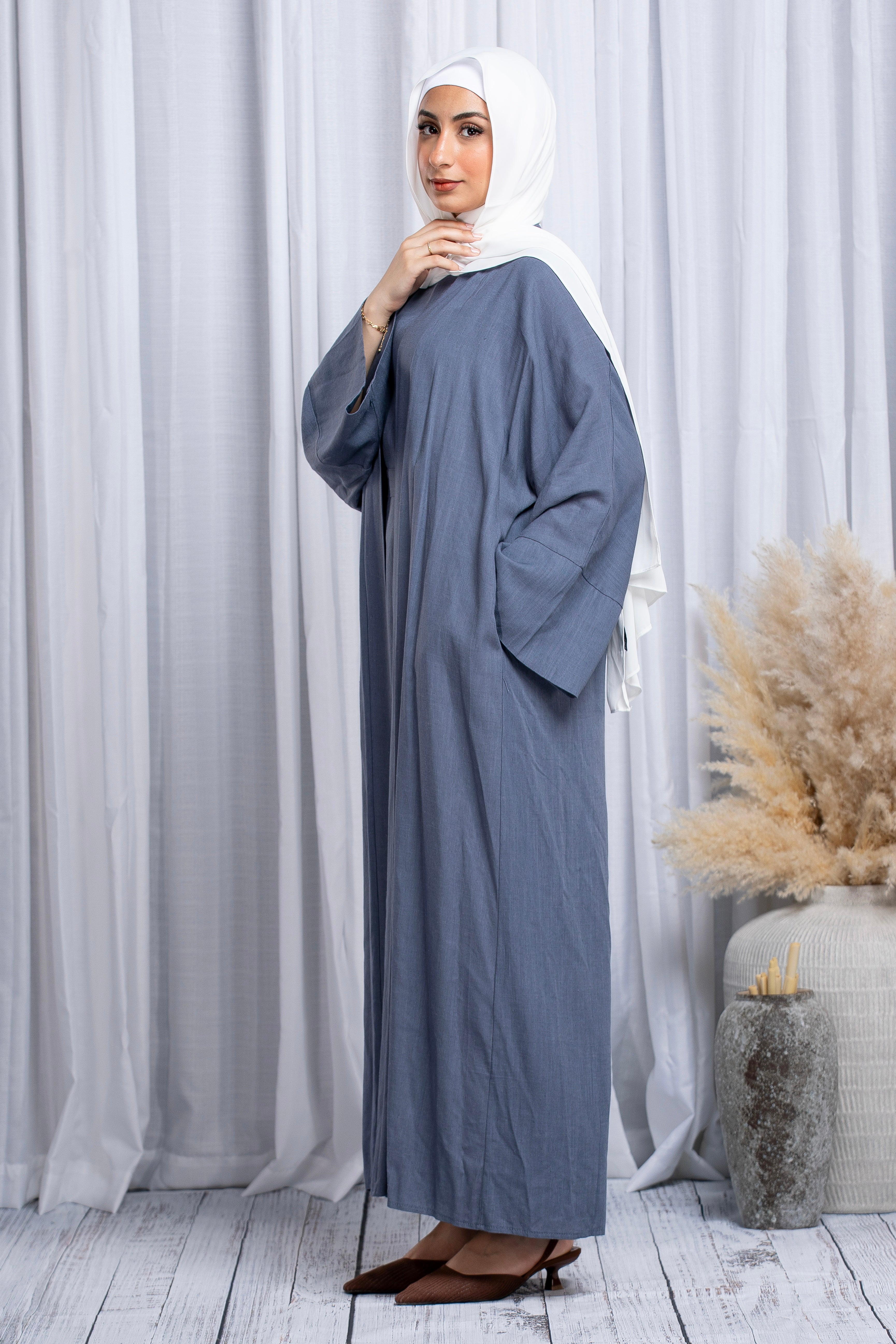 Amal Linen Abaya Set - Bluish Grey