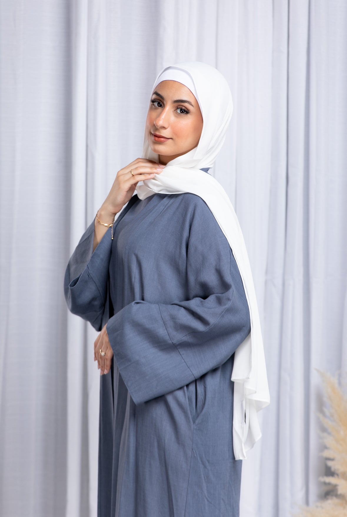 Amal Linen Abaya Set - Bluish Grey