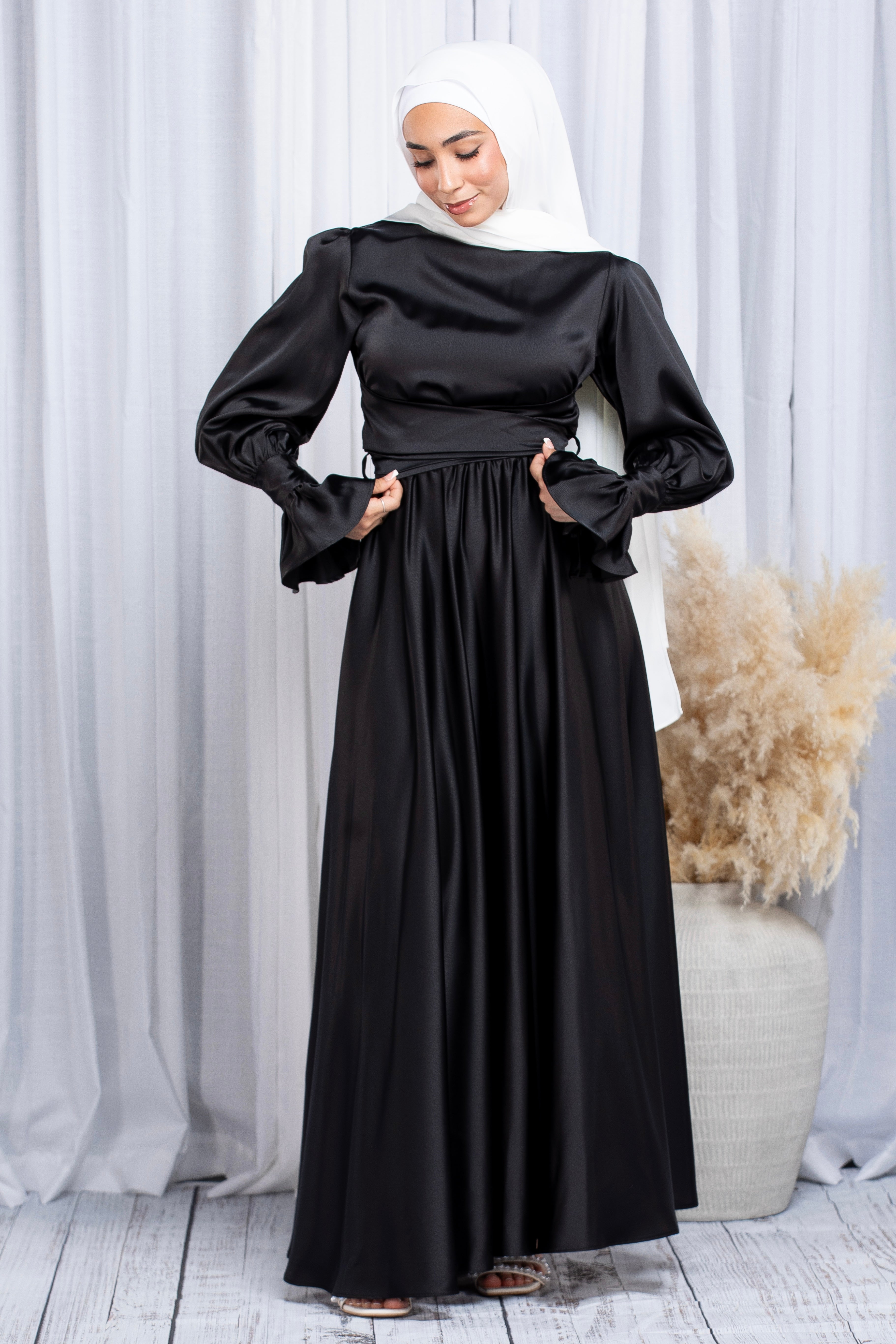 Sabrina Wrap Satin Gown - Black