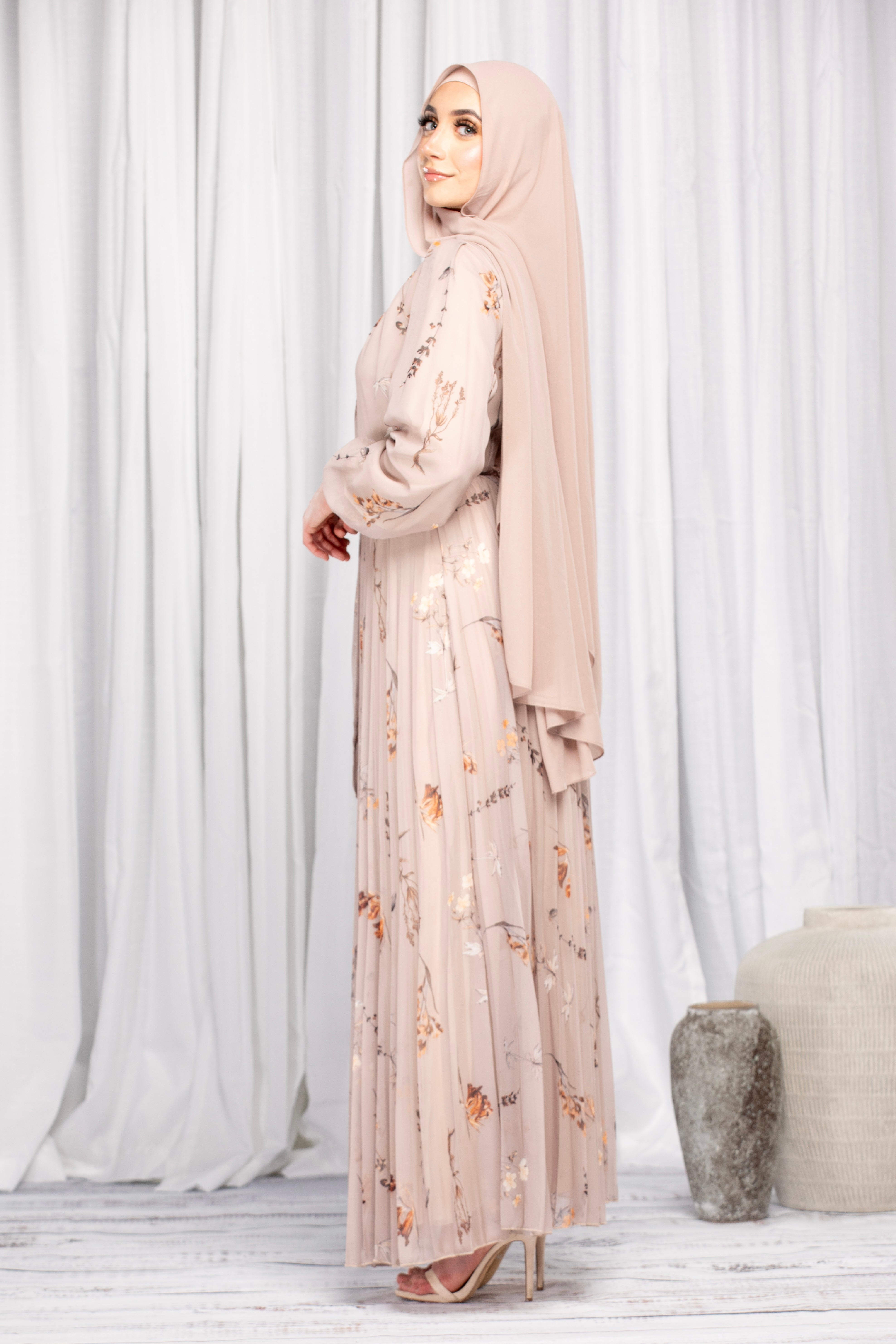 Riya Floral Pleated Dress - Stone