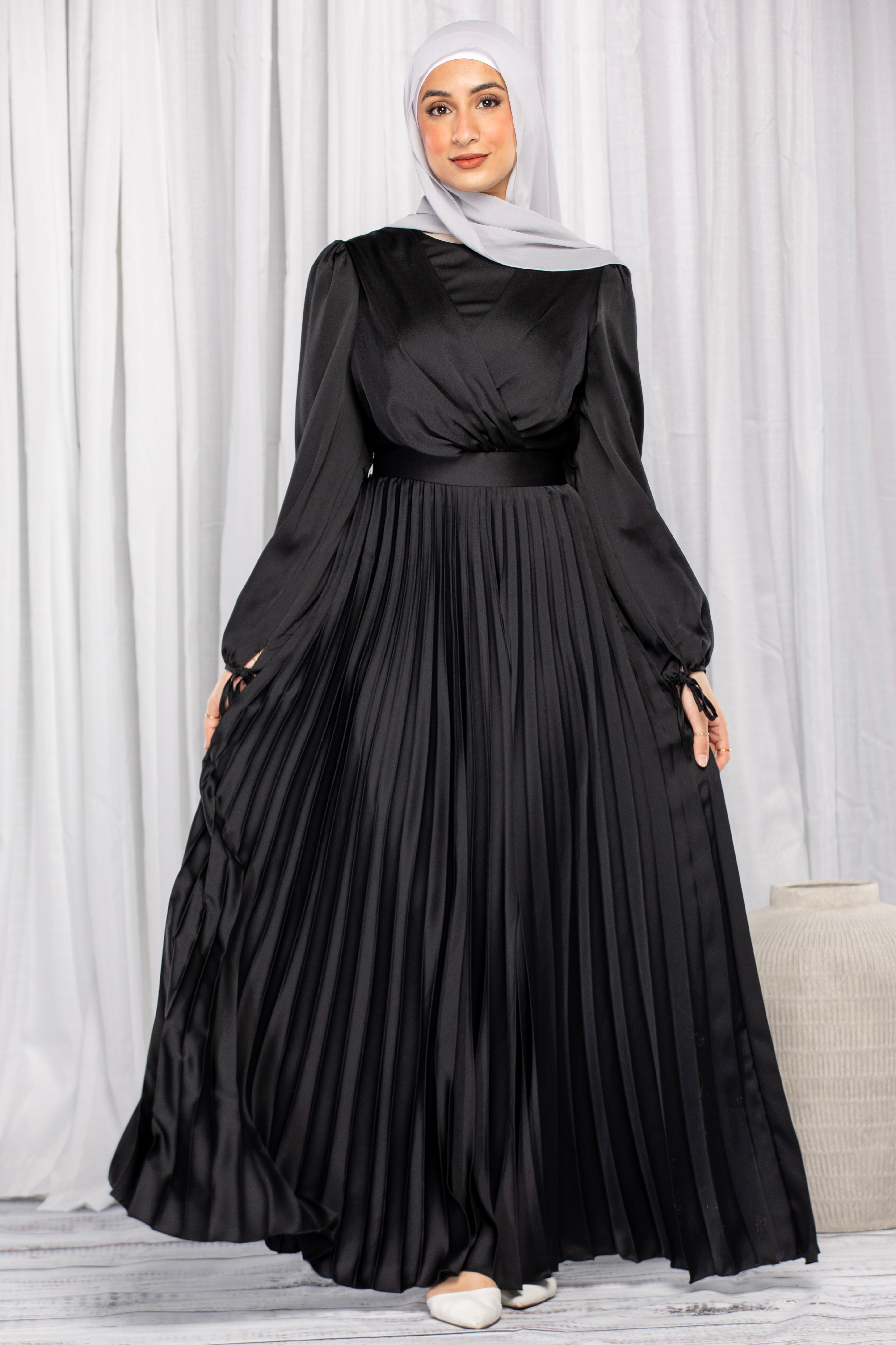 Emily Satin Pleated Dress - Black