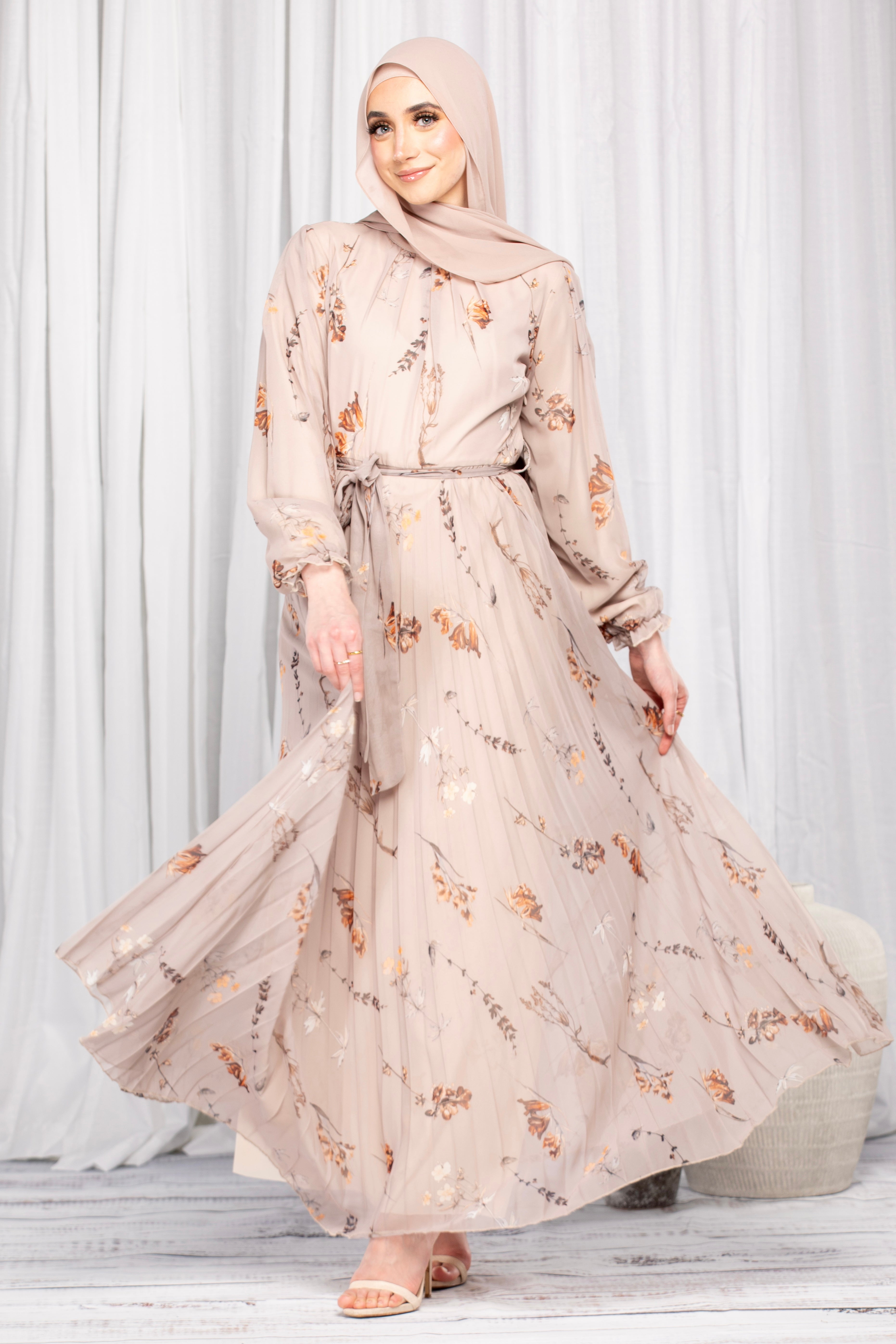 Riya Floral Pleated Dress - Stone