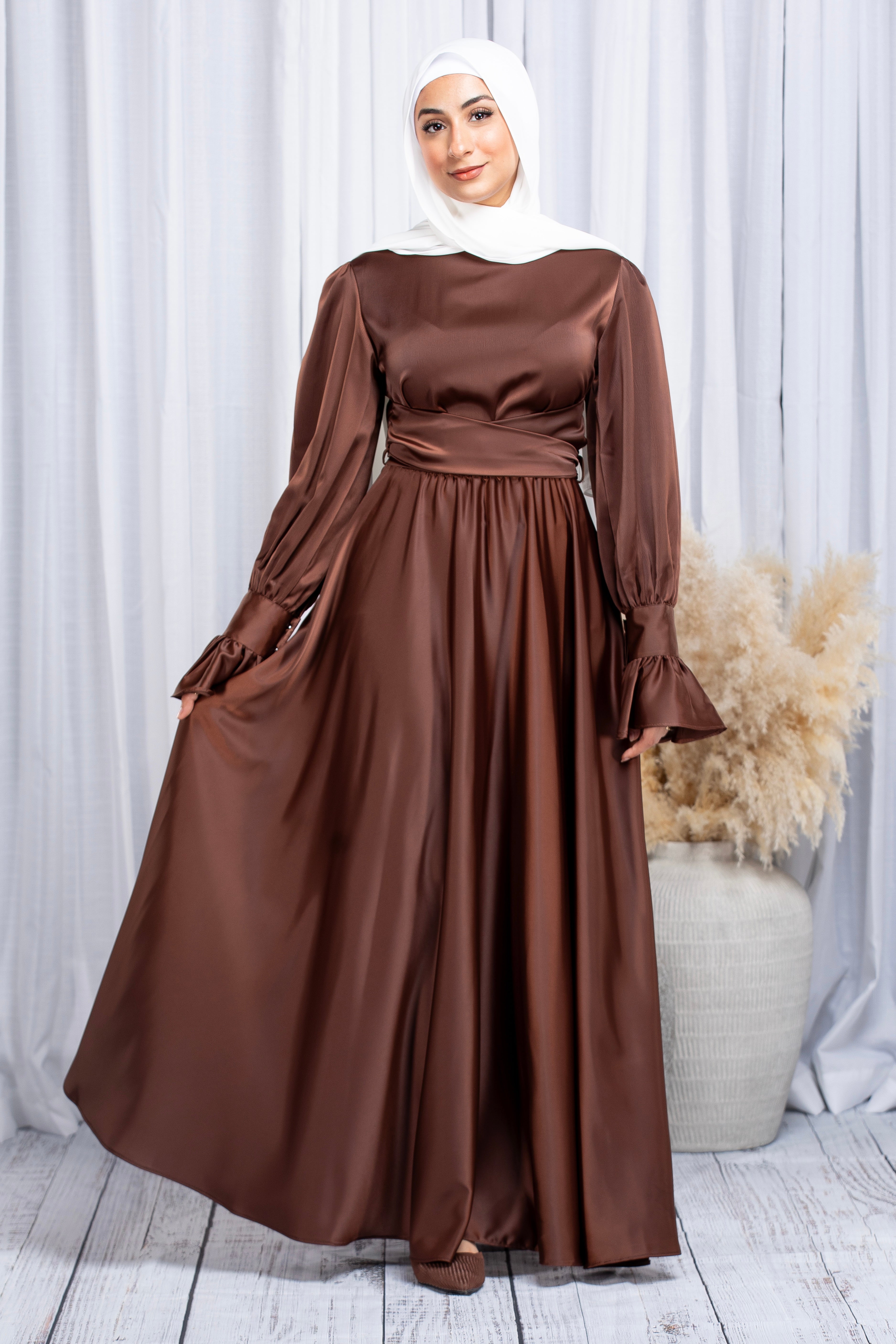 Sabrina Wrap Satin Gown - Deep Coffee