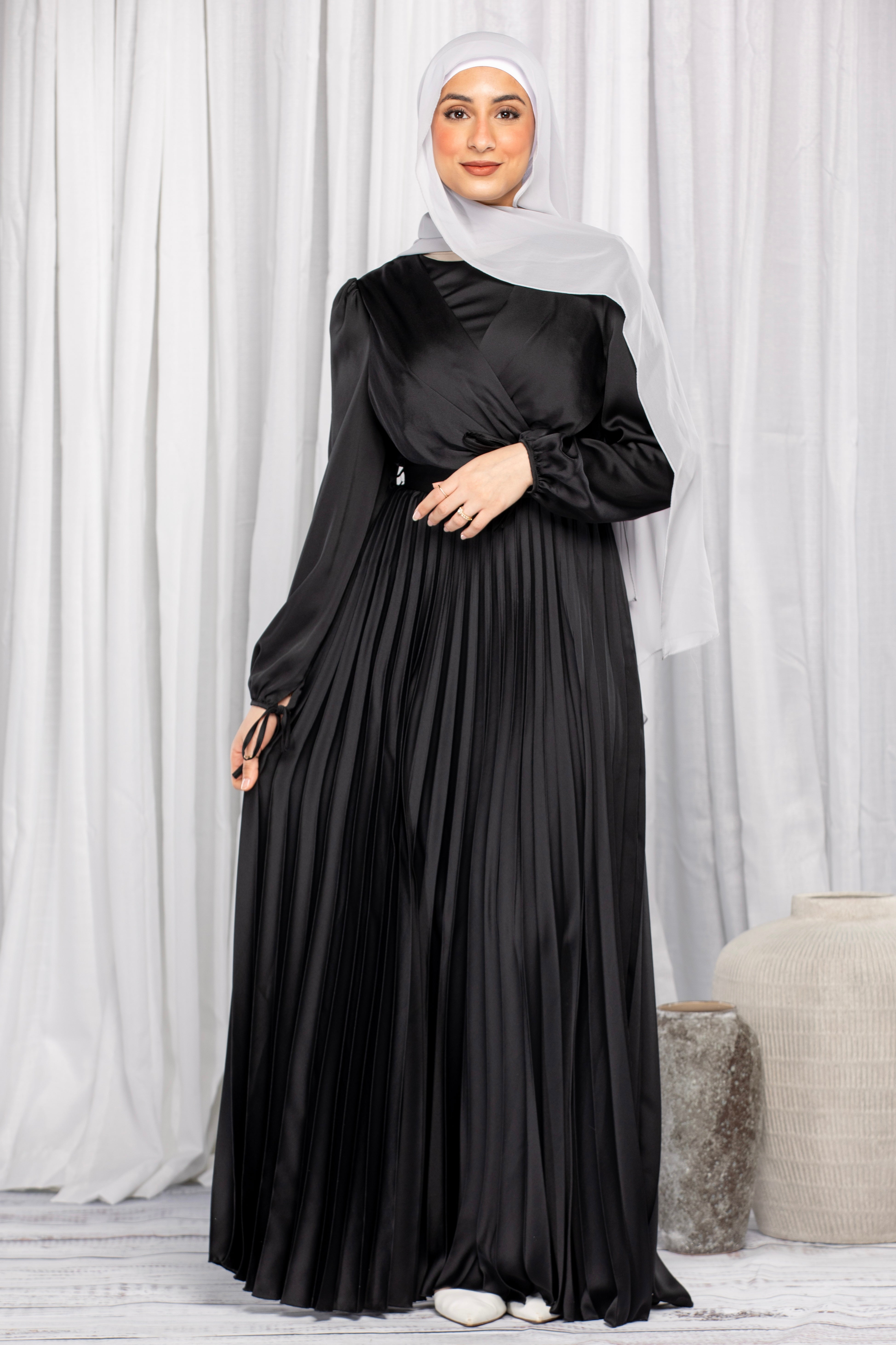 Emily Satin Pleated Dress - Black