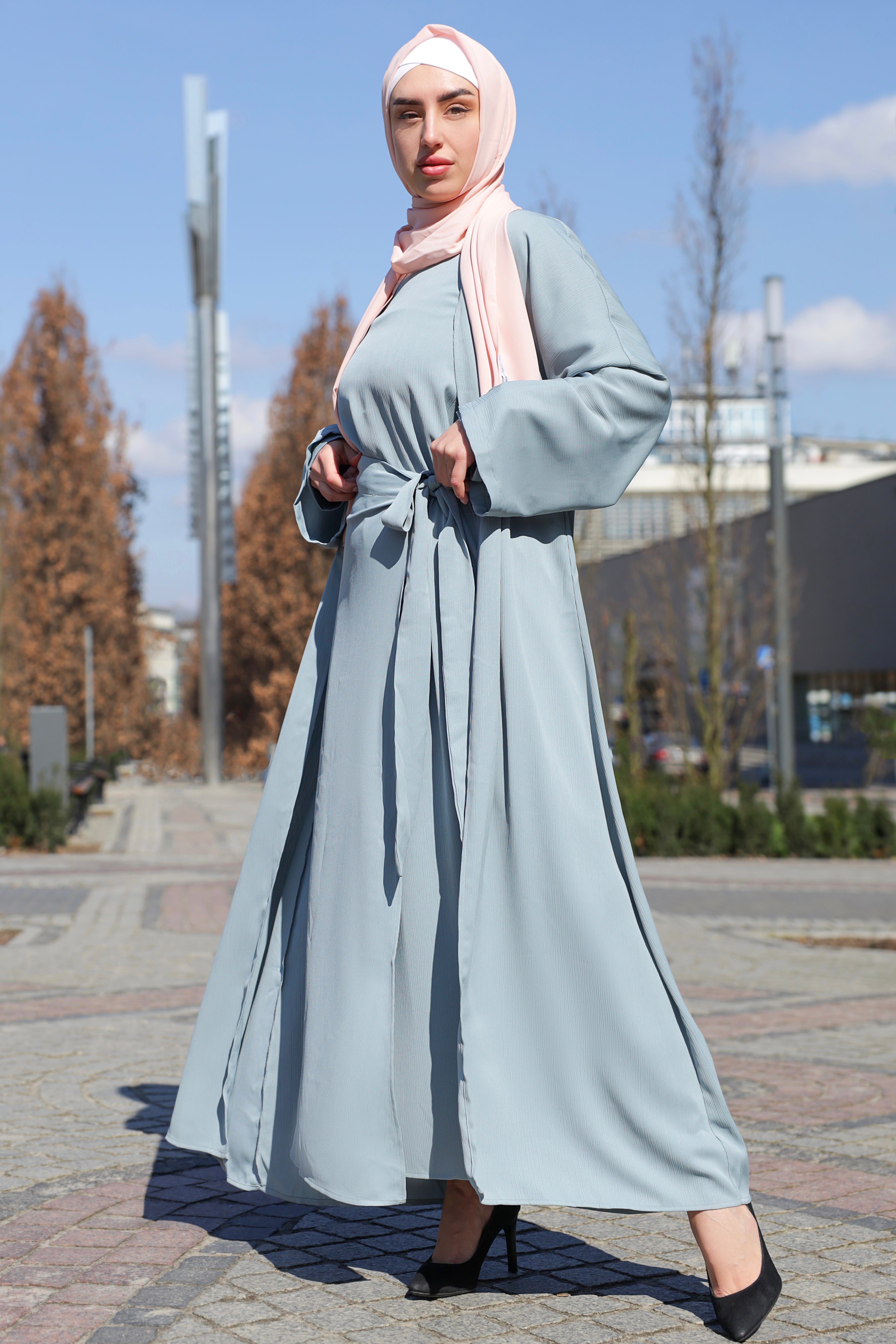 Maysa Textured Abaya Set - Bluish Grey