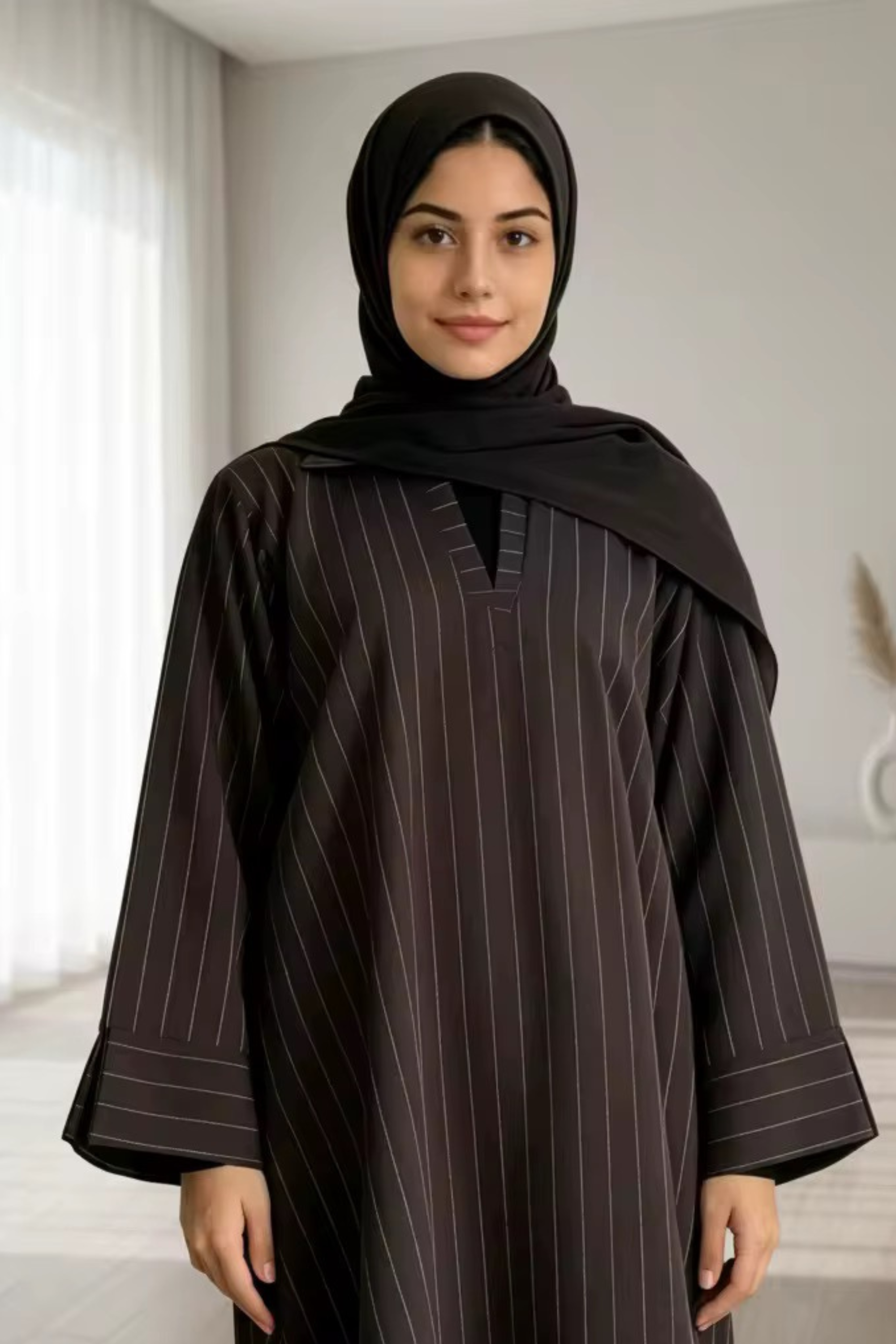 Alina Pinstripe Abaya - Coffee - Modern Abayati
