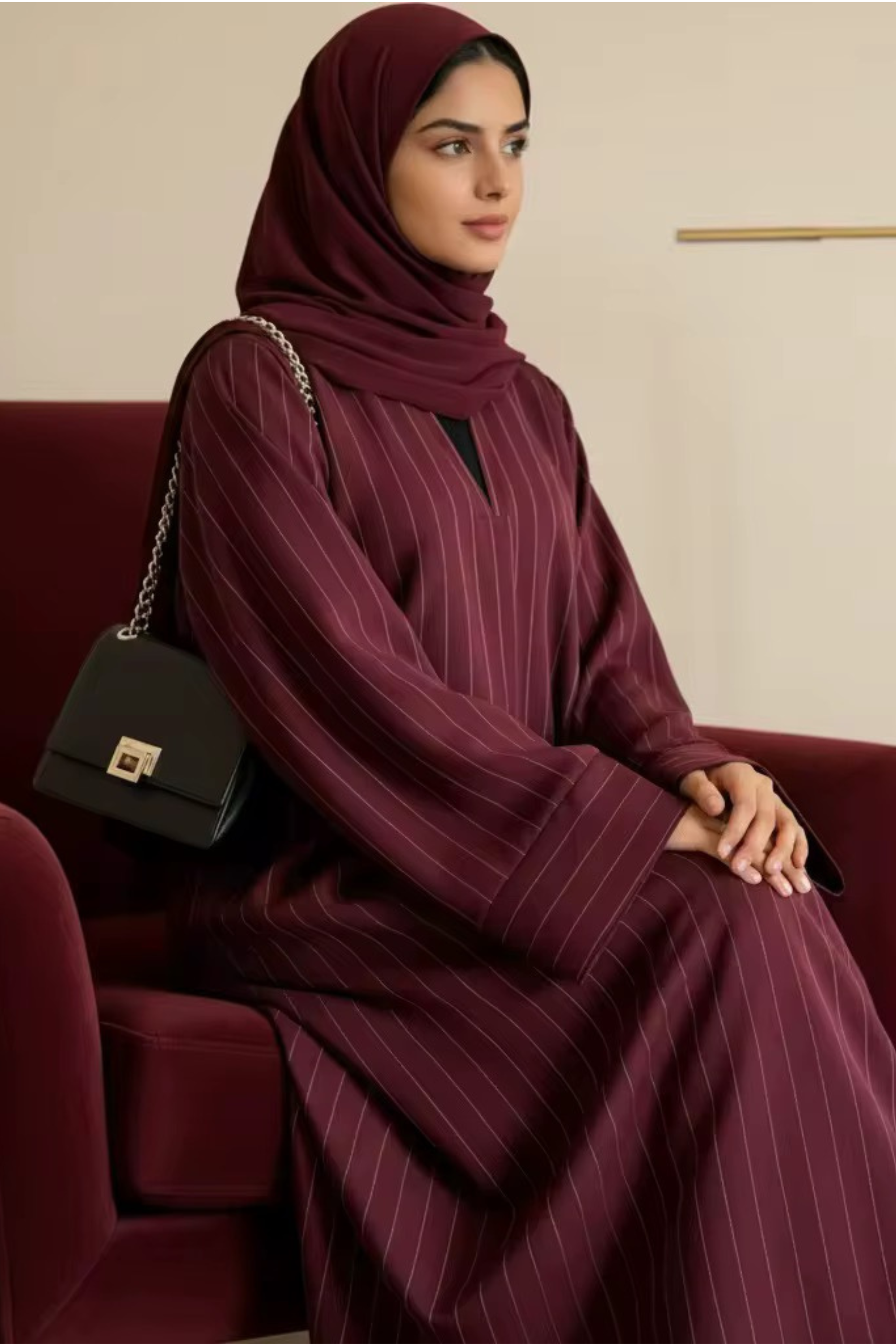 Alina Pinstripe Abaya - Burgundy - Modern Abayati