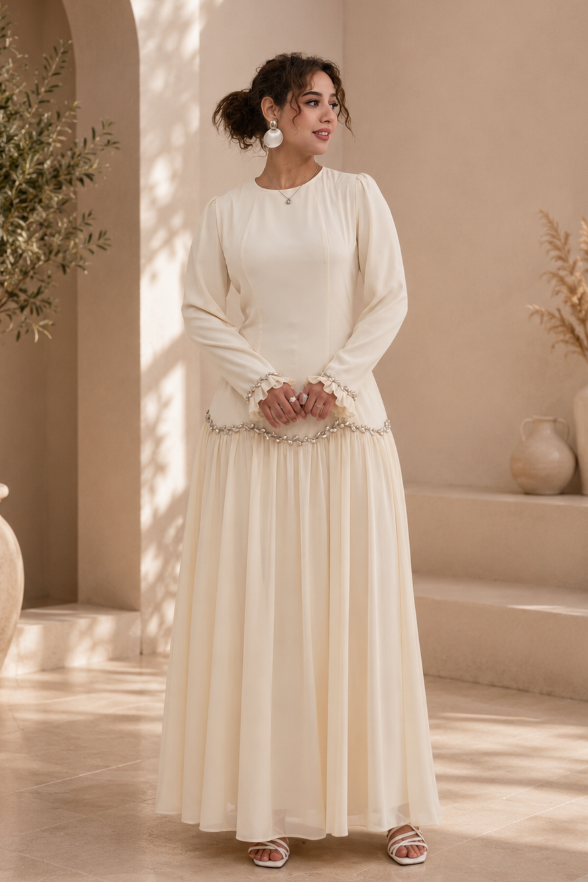 Layan Chiffon Maxi Dress - Ivory - Modern Abayati