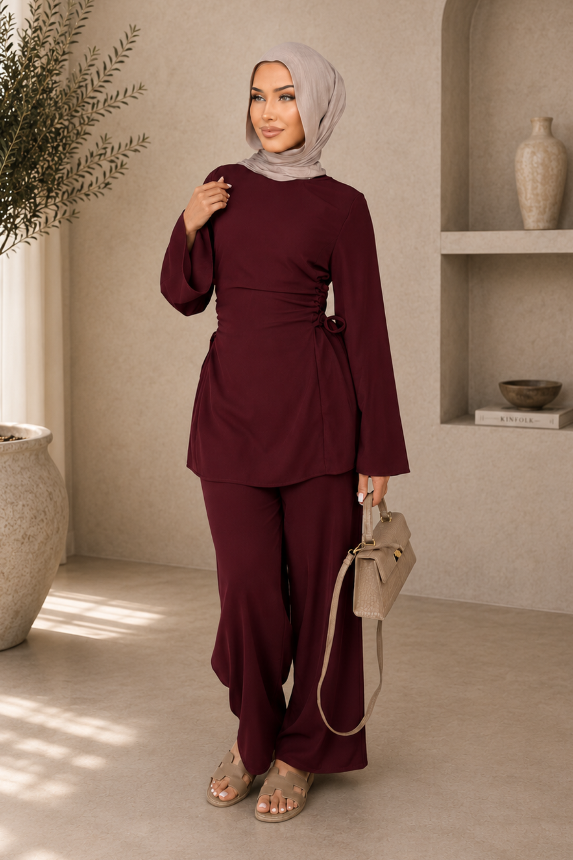 Zaina Lace Up Matching Set - Burgundy - Modern Abayati