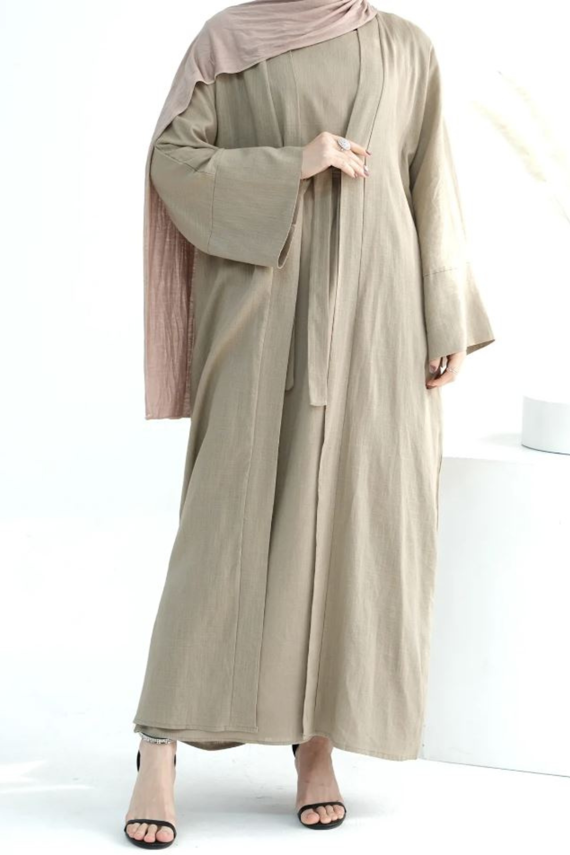 Amal Linen Abaya Set - Khaki