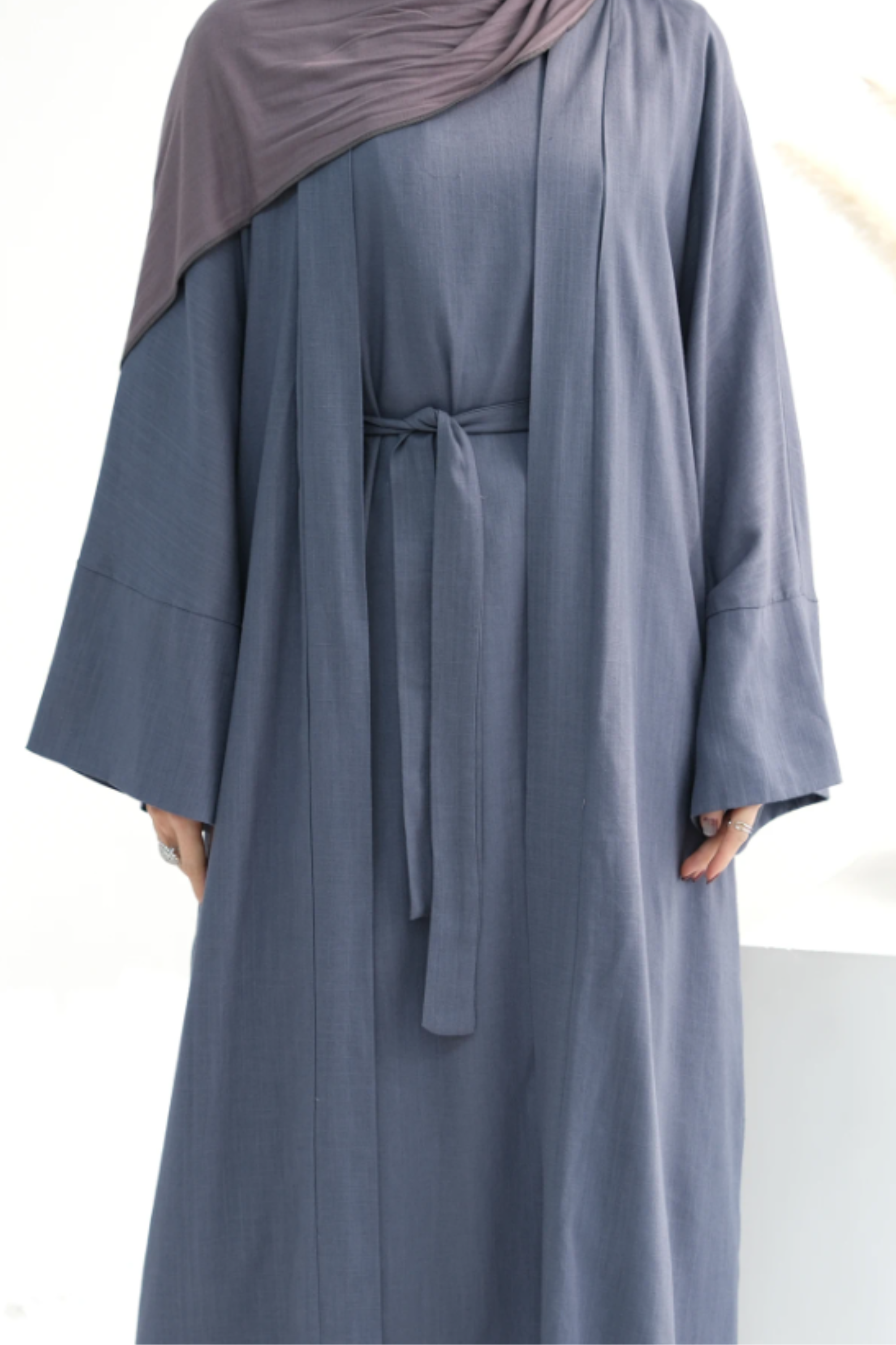 Amal Linen Abaya Set - Bluish Grey