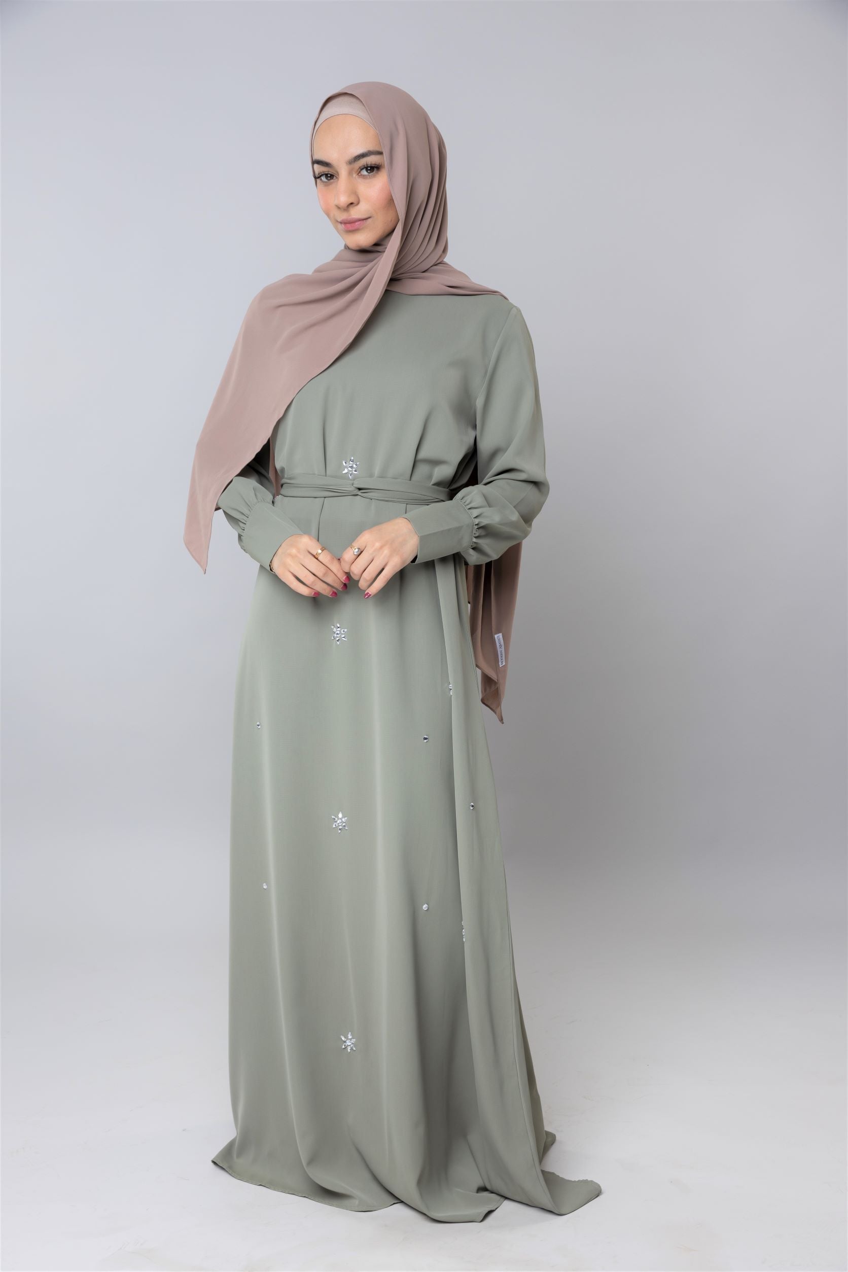 Light Olive Crystal Maxi Dress - Modern Abayati