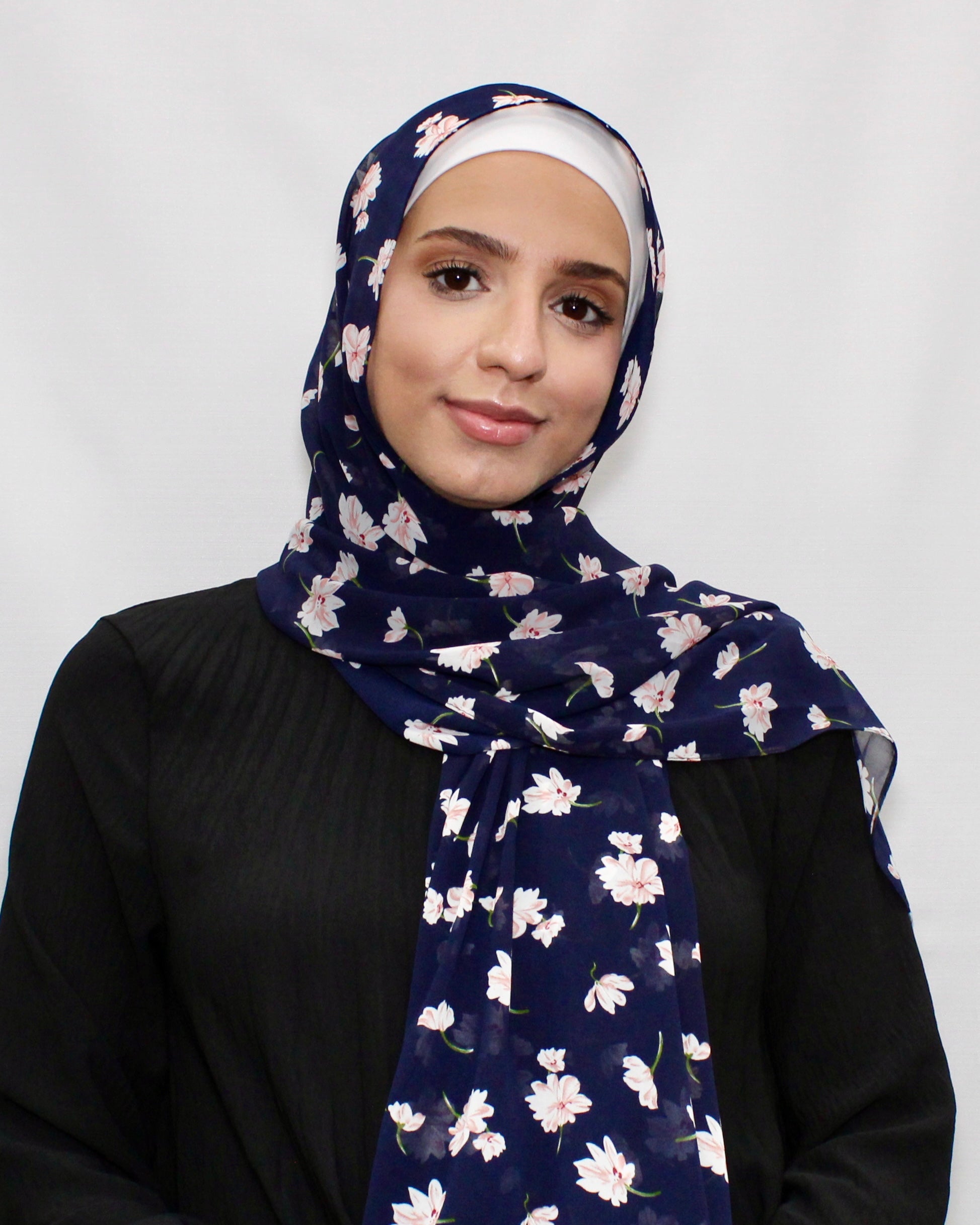 Floral Chiffon Hijab – Dark Blue - Modern Abayati