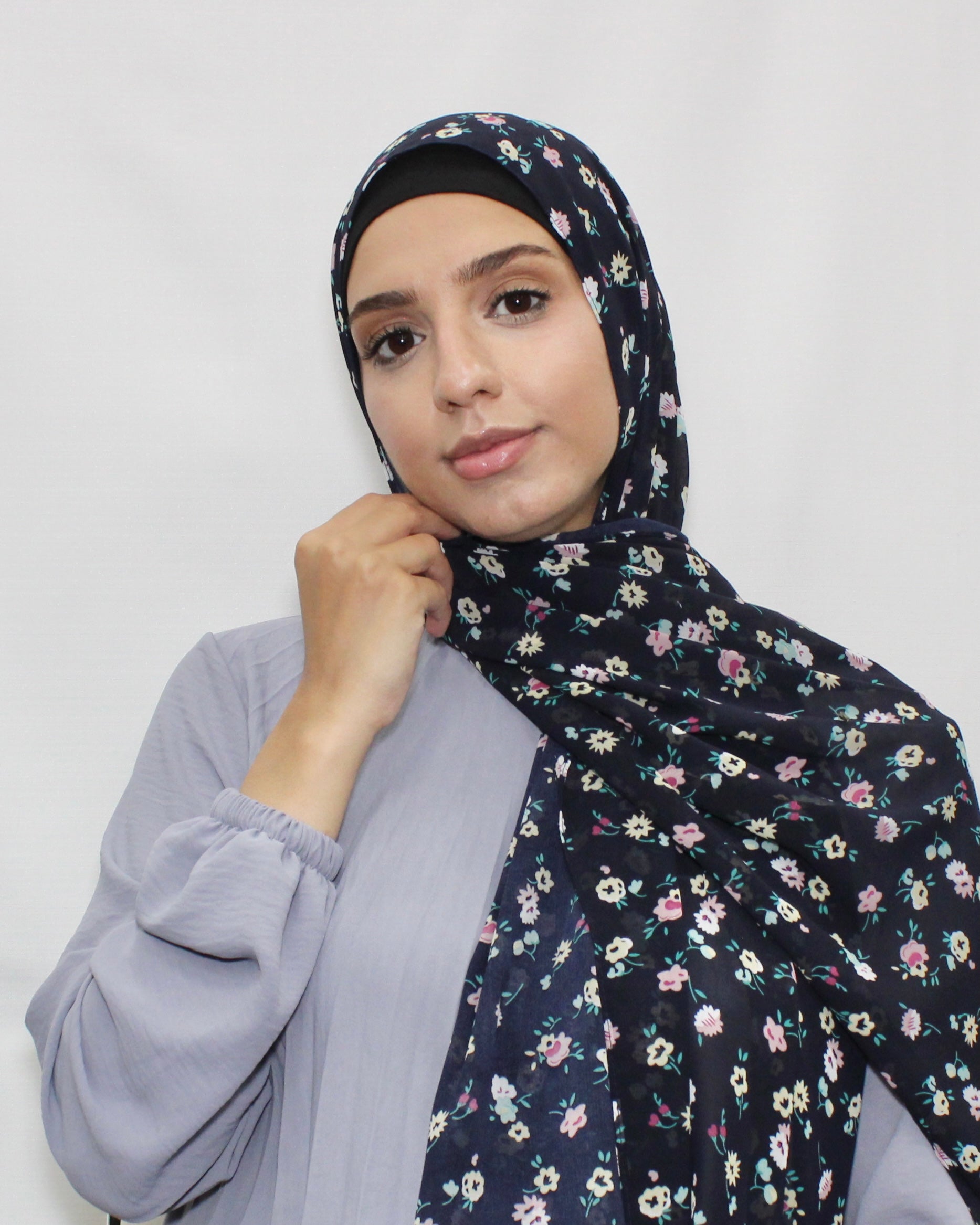 Floral Chiffon Hijab – Dark Blue - Modern Abayati