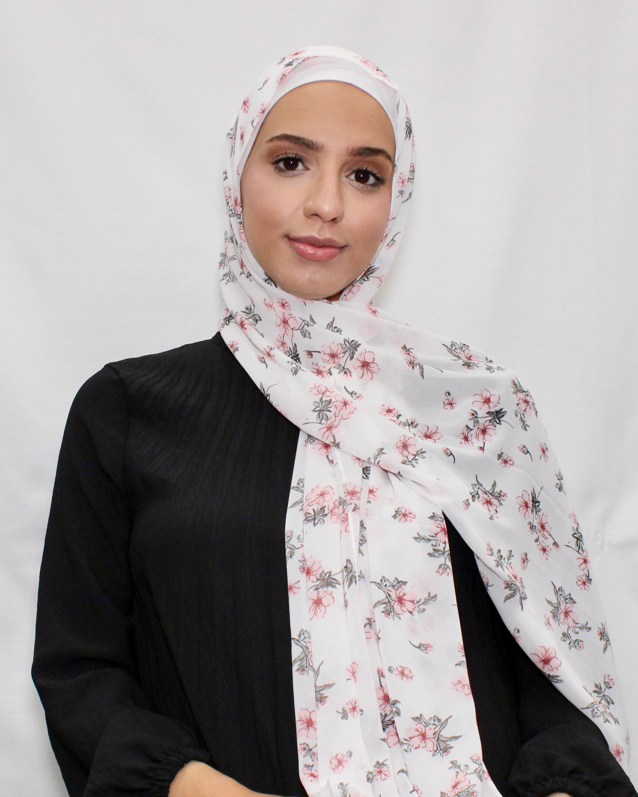 Floral Chiffon Hijab – White - Modern Abayati